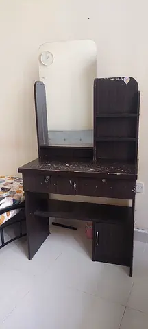 Elegant Dark Wood Vanity Table with Mirror and Storage shelf