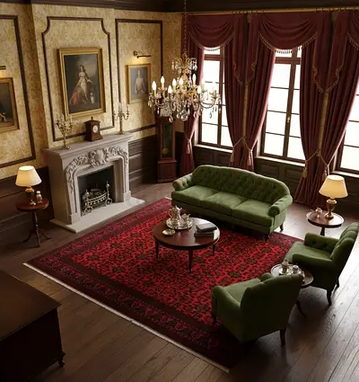 Elegant Vintage Living Room Set with Rich Red Carpet , size 2.50 by 3.50