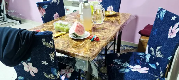 Elegant Dining Table Set with Floral Chairs