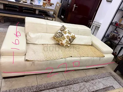 Elegant Cream Leather Sofa with Decorative Cushion