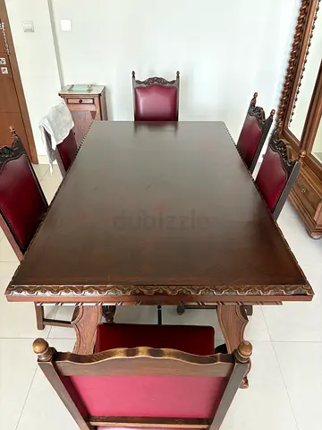 Antique Solid Wood Dining Table with Carved Edges (Expandable)