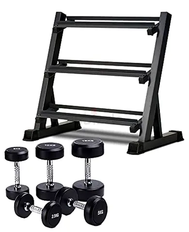 Round Rubber Dumbbell Set 2.5kg To 15kg with 3 tiers dumbbell rack