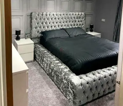 Elegant King-Size Velvet Bed with Nightstands