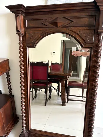 Antique French Full-Length Mirror with Carved Frame  Spiral Columns