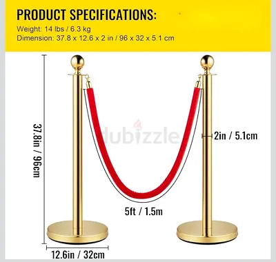 Elegant Gold Stanchions with Red Velvet Rope 2 stand with 1.5 rope red