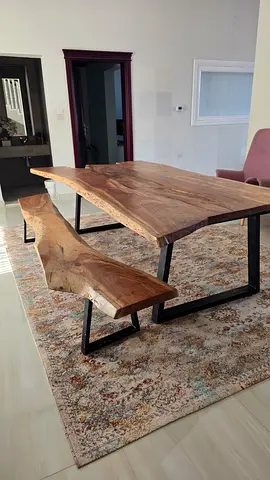 Handcrafted Live Edge Solid Wood Dining Table with Matching Bench