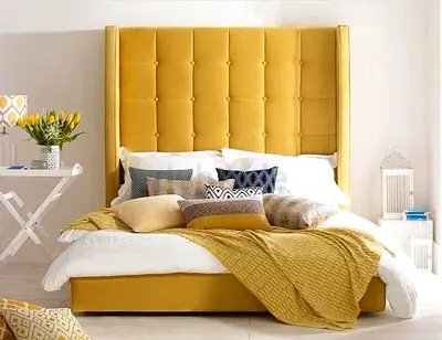 Stylish Yellow Velvet Bed with Plush Cushions
