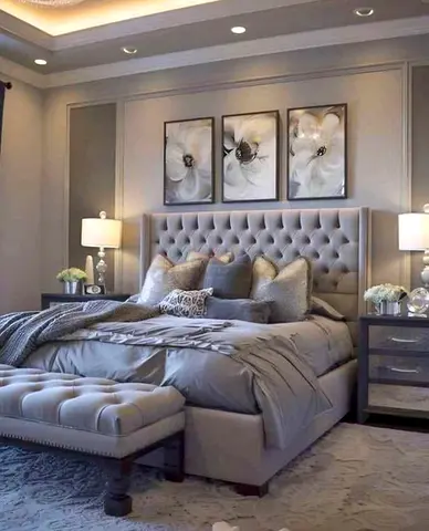 Elegant Grey Upholstered Bed with Stylish Bedroom Accessories