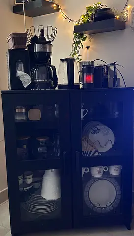 Stylish Black Kitchen Cabinet with Glass Doors for coffee corner decorate (from ikea )+ Two shelves