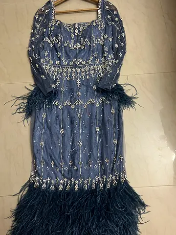 Elegant Blue Evening Dress with Feather Trim