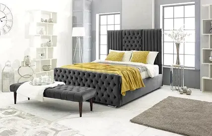 Elegant Gray Tufted Bed with Bench