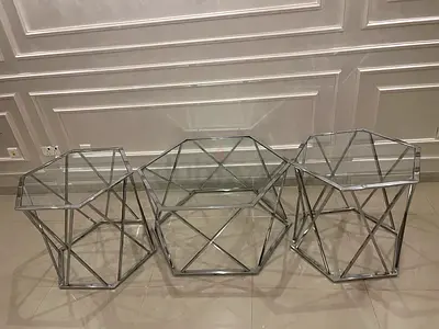 Elegant Set of 3 Geometric Glass Top Side Tables