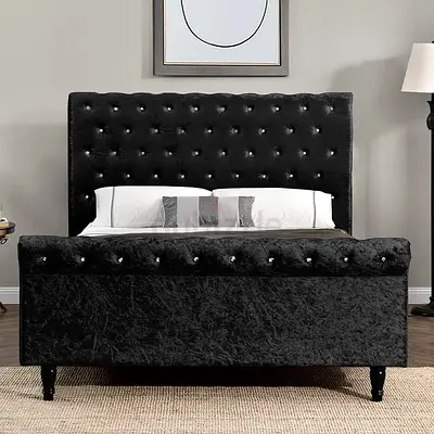 Stylish Black Velvet Bed Frame with Tufted Headboard