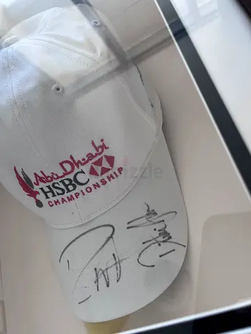 Signed  Framed Golf Hat – Danny Willett, Dustin Johnson  Henrik Stenson – HSBC Abu Dhabi Golf Cham