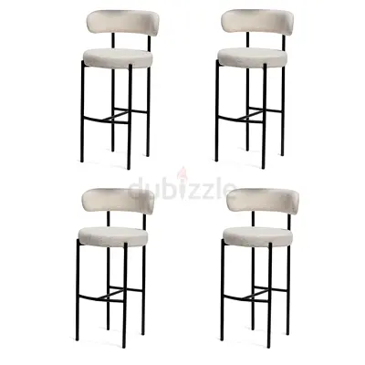 Bouclé Bar Stool With Backrest Black Metal Frame, Counter/Bar Height Kitchen Island Chair - Set of 4