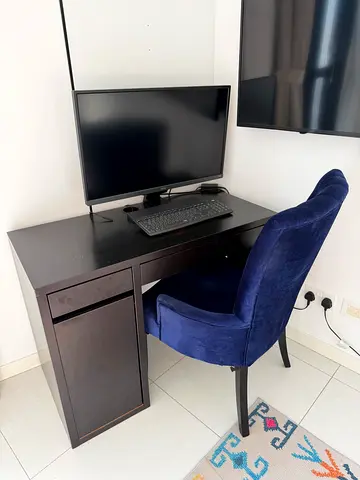 Stylish Dark Wood Study Table with Blue Chair