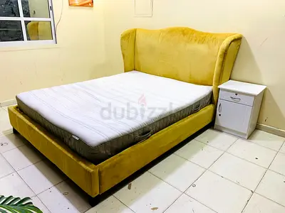 Stylish Yellow Velvet Bed with Nightstand