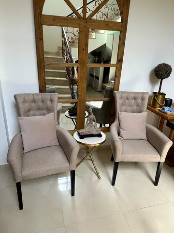 2 x Elegant Beige Accent Chairs with Pillows from 2 XL