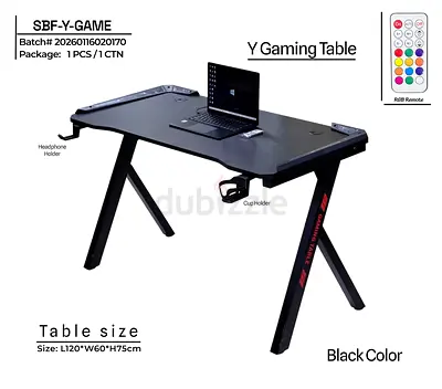 Stylish Black Y Gaming Table with RGB Remote
