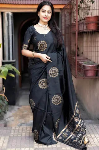 Elegant Black Saree with Golden Prints
