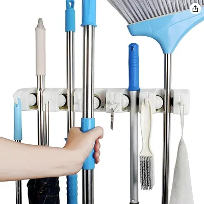 Mop and Broom Holder, Wall Mount Organizer, with 5 Positions and 6 Hooks, White (BRAND NEW)