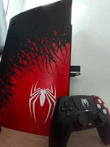 Spider-Man PlayStation 5 Console and Wireless Dualsense controller with Sony Pulse Elite Headphones.