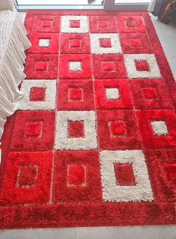 Vibrant Red and White Abstract Area Rug