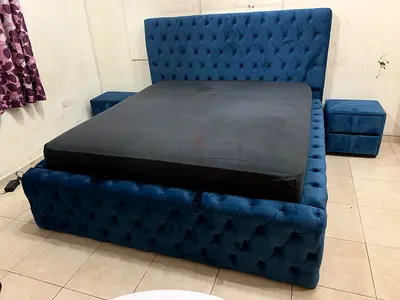 Elegant Blue Velvet King Size Bed with Nightstand