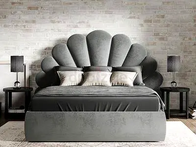 Elegant Grey Velvet Bed with Unique Headboard