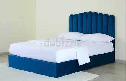 Brand New Elegant Blue Velvet Bed with Plush Headboard