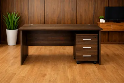 Office Table with 3 Moveable Drawers – Walnut Office Workstation Desk with 2 Cable Management Tray