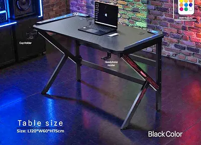 Stylish Black Computer Desk with Cup and Headphone Holders