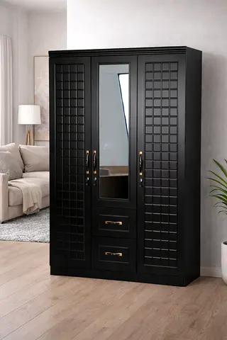 Modern Wooden Wardrobe with Mirror – 3 Door Wooden Wardrobe with Lockable Drawers
