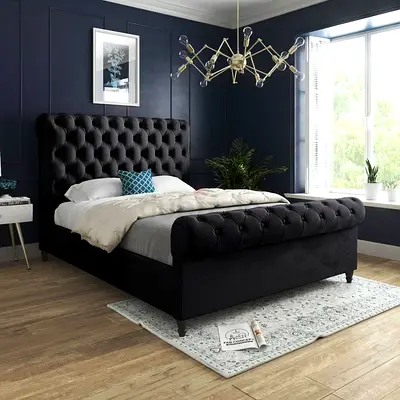 Elegant Queen Size Black Upholstered Bed with Tufted Headboard