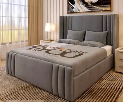 Elegant Grey Upholstered Bed with Side Tables