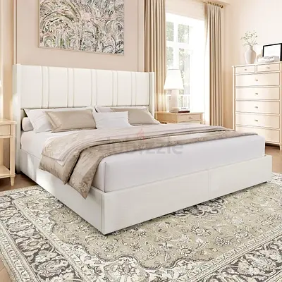 Queen Size Bed Frame with 4 Storage Drawers, Linen Upholstery, Platform Bed with Wing Back Headboard