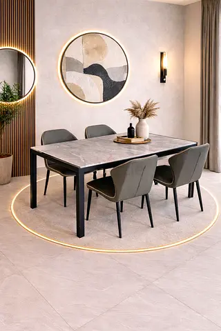 Luxury 4 Seater Marble Dining Table Set with Grey Chairs – Modern Dining Set for Dining Rooms