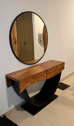 Elegant Wooden Table with Round Mirror