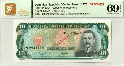 Dominican Republic,  10 Pesos Oro Banknote  / Specimen / Superb Gem UNC