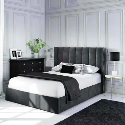 Elegant Gray Upholstered Bed with Headboard