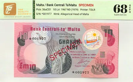 Malta, 10 Liri Banknote,  1979 Specimen  /  Superb Gem UNC