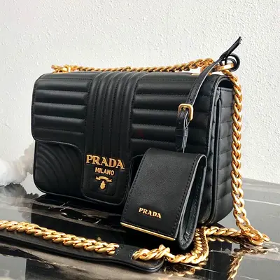 Prada Medium Diagramme Flap Bag In Black Calfskin