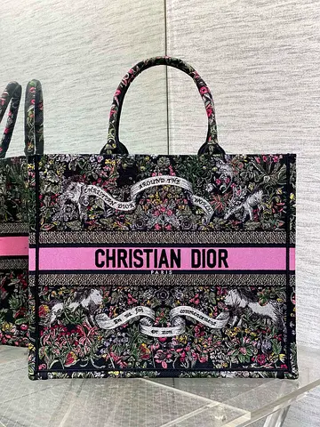 Dior Medium Book Tote Bag in Black Dior Around the World Embroidery