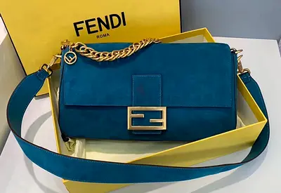 Fendi Medium Baguette Bag In Blue Suede Leather