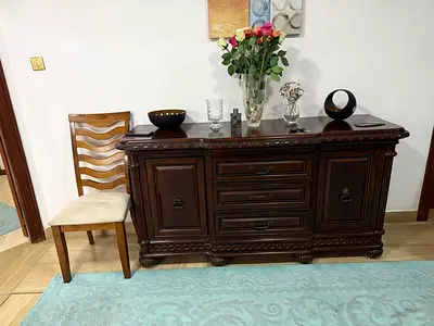Elegant Dark Wood Cabinet with Chair