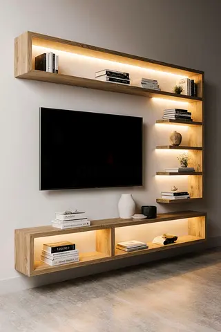 Modern Floating Wooden TV Unit with LED Shelves