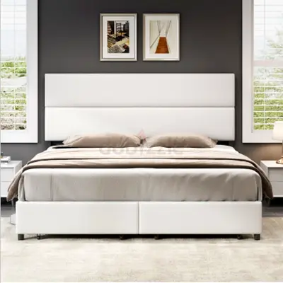 New Customise Luxury Modern White King Size Bed with Plush Headboard  Hydraulic Storage