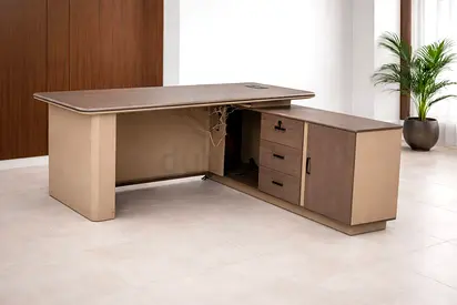 Grey Khaki Executive Office Table – Stylish Manager Desk with Drawers for Office
