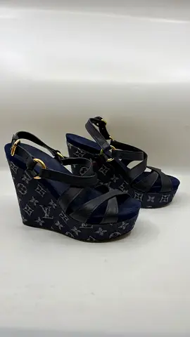 Louis Vuitton Blue Denim And Leather Ocean Criss Cross Wedge Sandals - Size