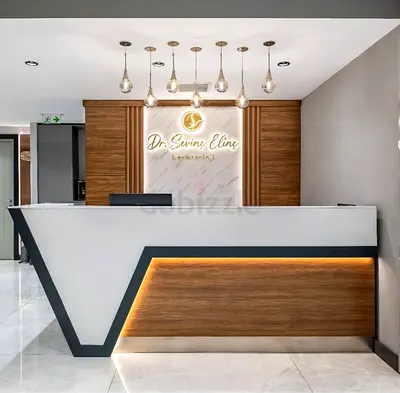 Sophisticated Modern Medical Reception Design with Marble and Wood Accents